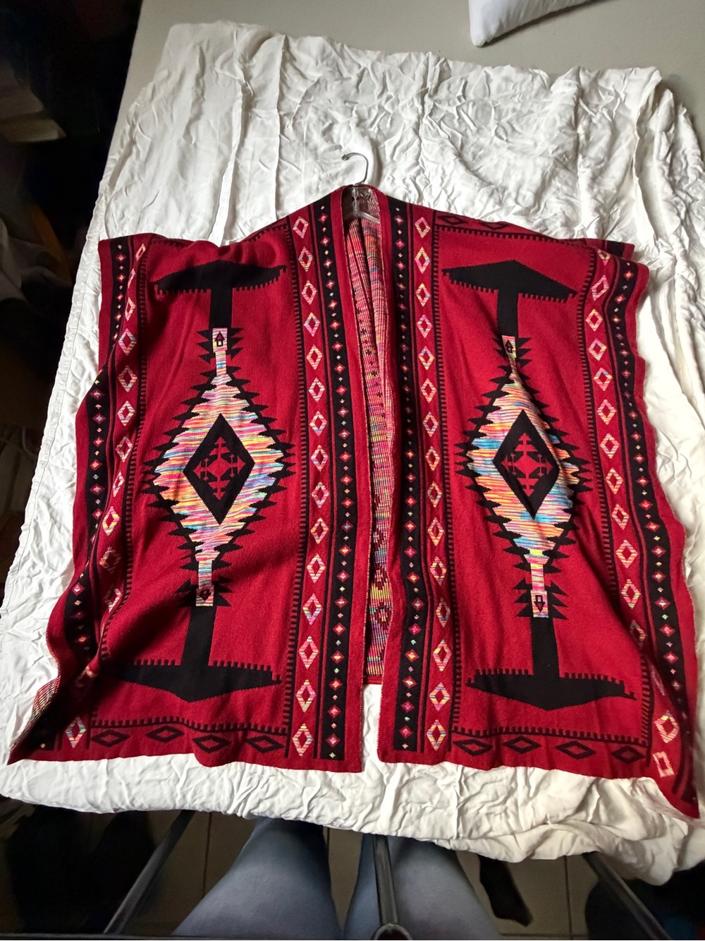 Red Aztec Patterned Open Front Cardigan